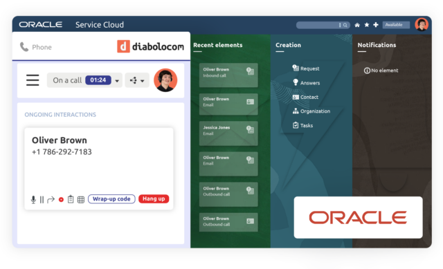 El banner de agente Diabolocom está disponible en su interfaz a través de la integración de CTI de Oracle Service Cloud.