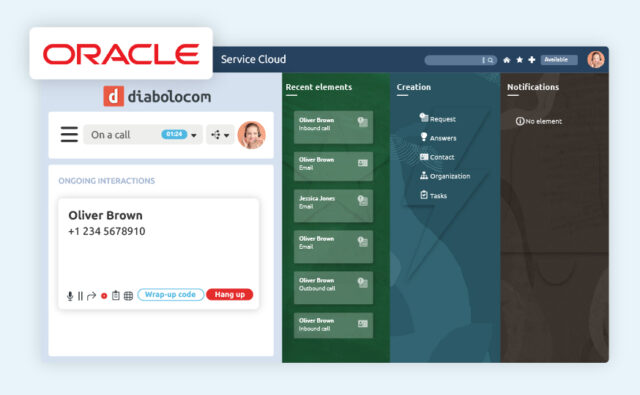El banner de agente Diabolocom está disponible en su interfaz a través de la integración de CTI de Oracle Service Cloud.