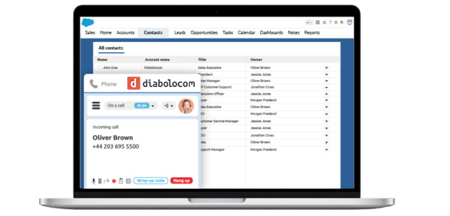 Con la integración CTI en Salesforce, accede instantáneamente a la barra de herramientas del agente y al historial del cliente.