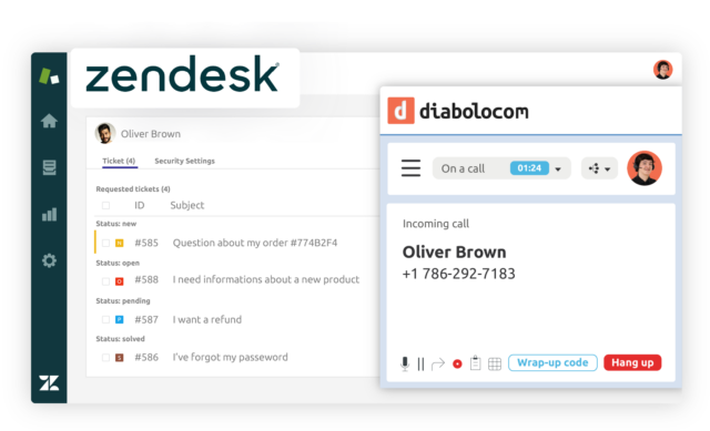 El software de Diabolocom está accesible en su interfaz gracias a la integración CTI de Zendesk.