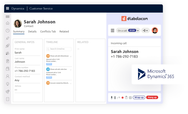 Integre Microsoft Dynamics con Diabolocom para un seguimiento de comunicación simplificado en una sola interfaz.